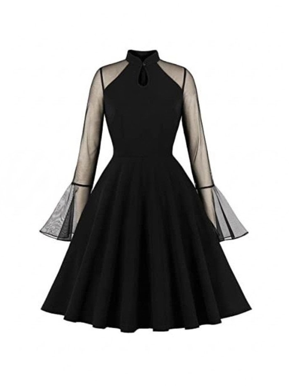 Elegant Black Fit-and-Flare Dress with Sheer Bell Sleeves
